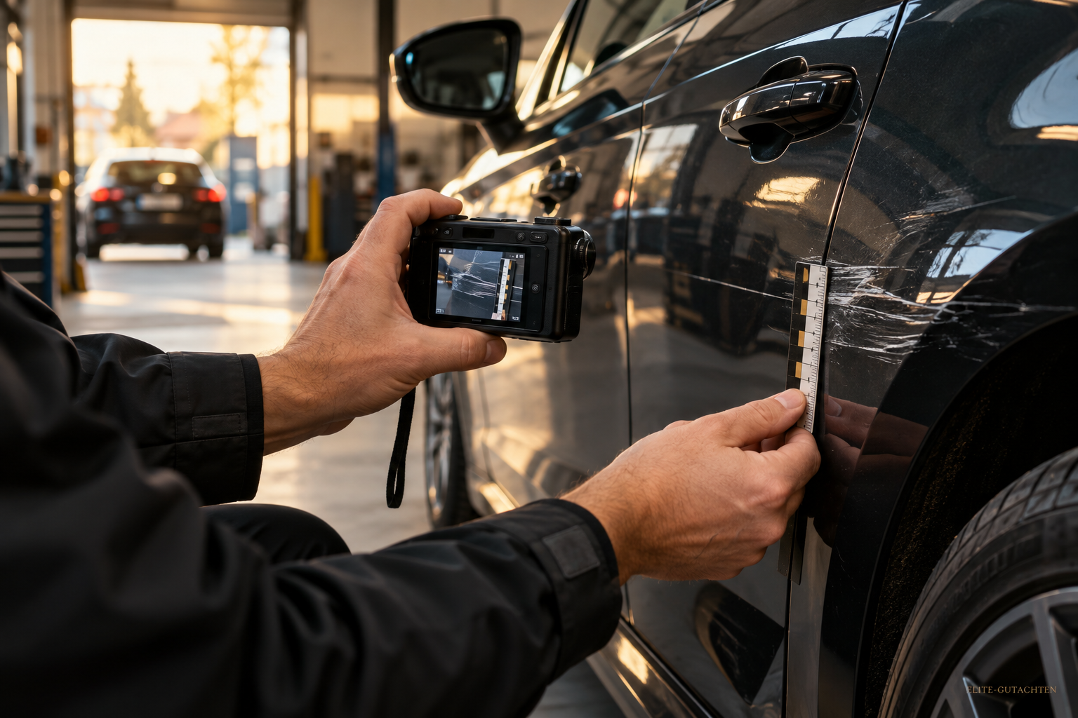 Detailaufnahme einer professionellen Schadenaufnahme an einem Fahrzeug durch Elite-Gutachten