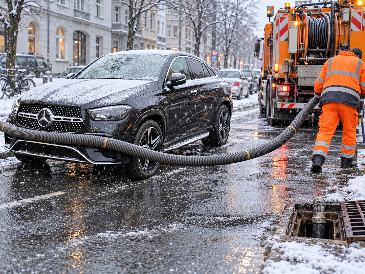 Symbolbild: Ein Mitarbeiter zieht einen Saugschlauch außen an einem geparkten GLE vorbei